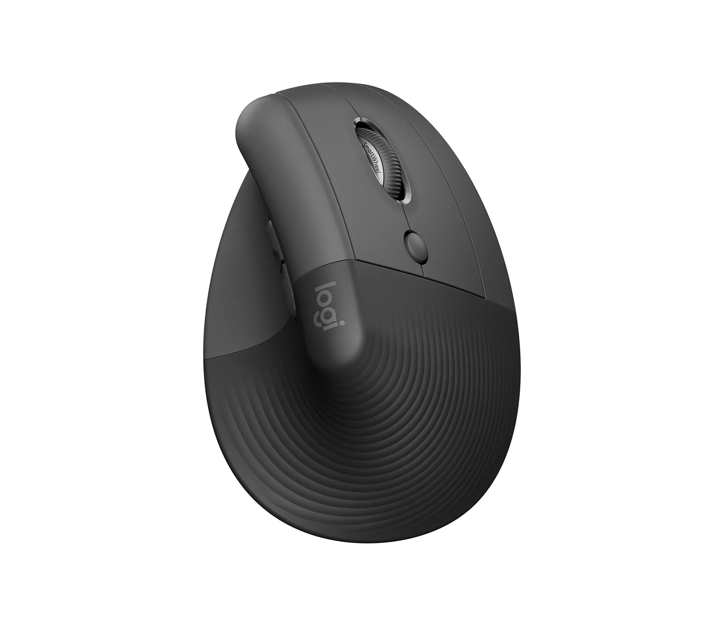 Logitech Lift vertical ergonomic mouse in Graphite, seen from above at an angle