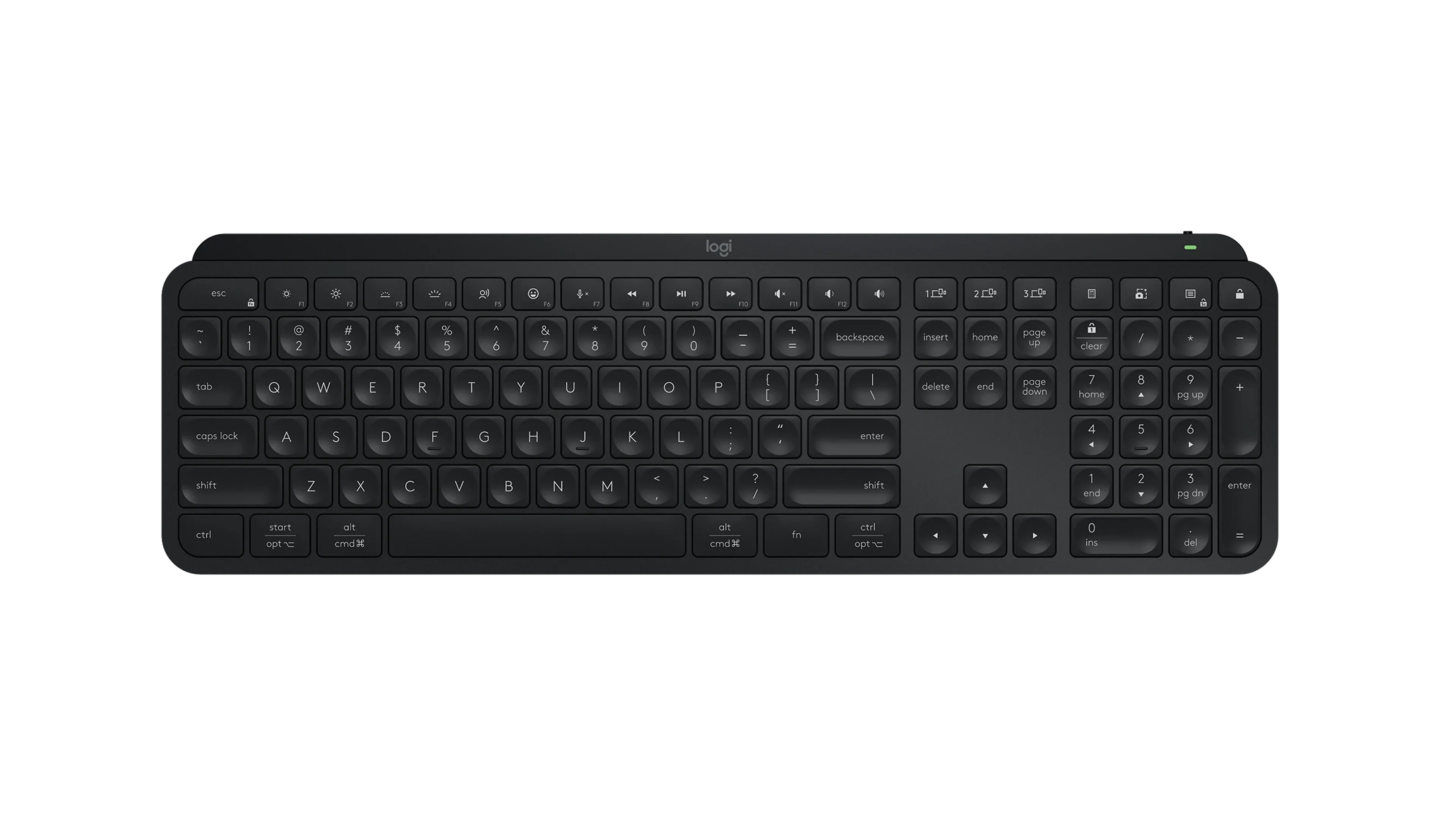 Logitech MX Keys S low-profile wireless keyboard with number pad in Black, seen from above