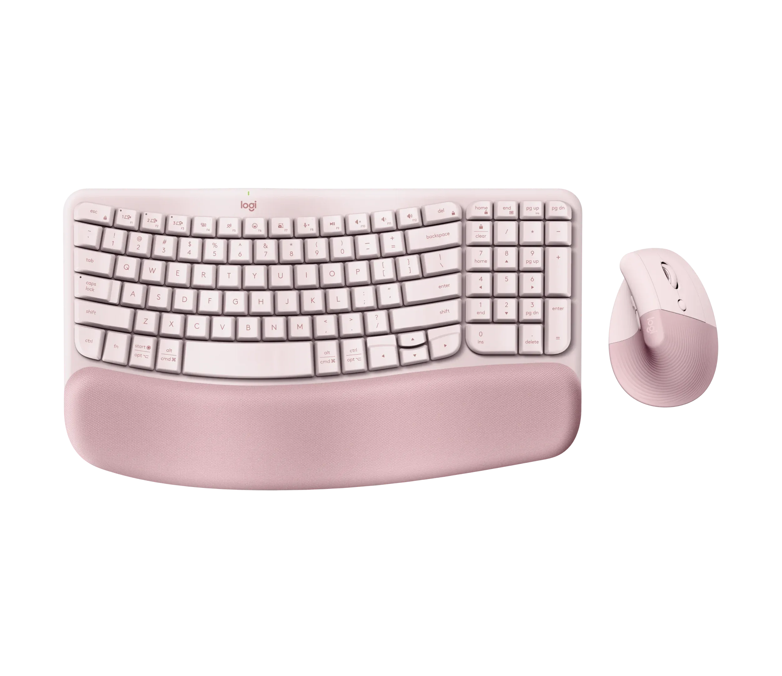 Logitech Wave Keys wave-shaped keyboard and Lift vertical mouse in Rose