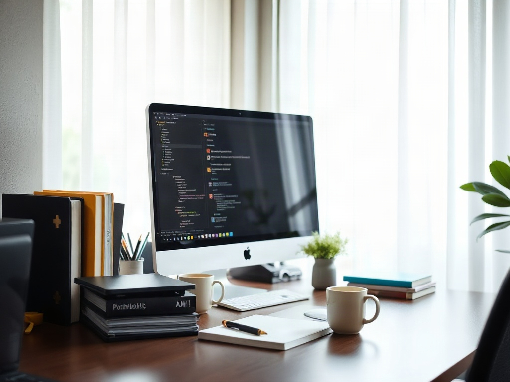Espace de travail à domicile avec écran à hauteur des yeux et bureau organisé
