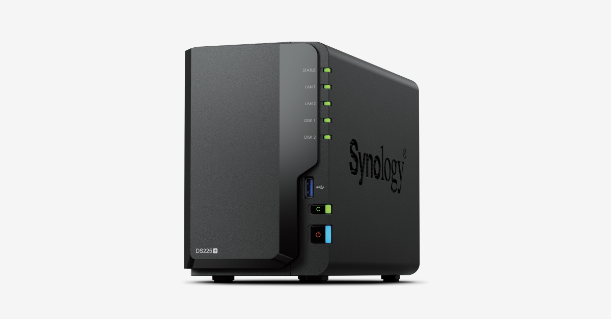 Synology DiskStation DS225+ two-bay NAS, front and side view