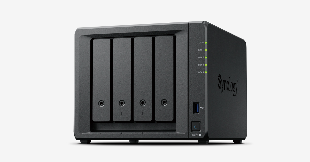 Synology DiskStation DS425+ four-bay NAS, front and side view