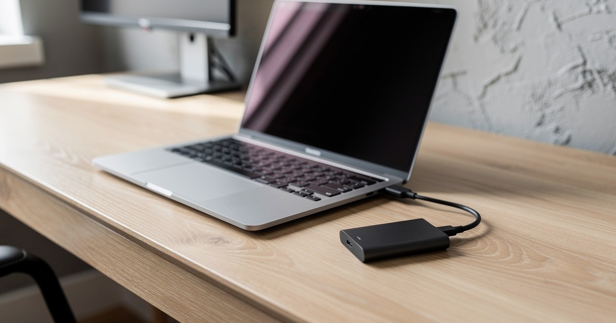 A laptop with a portable SSD plugged in on a light oak desk