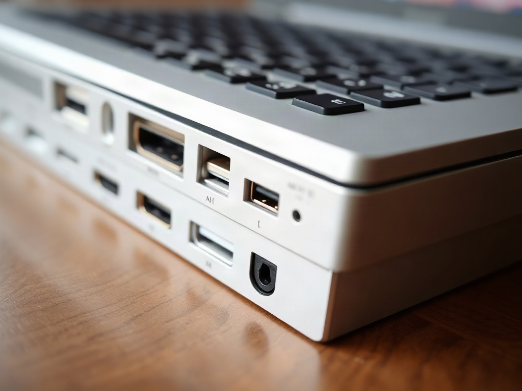 Gros plan sur les ports d’un ordinateur portable sur un bureau.