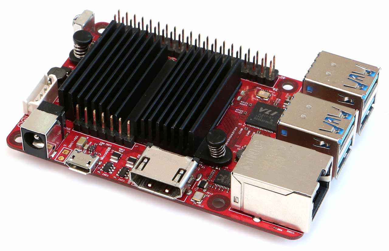 ODROID-C4 single-board computer with its heatsink and four USB ports