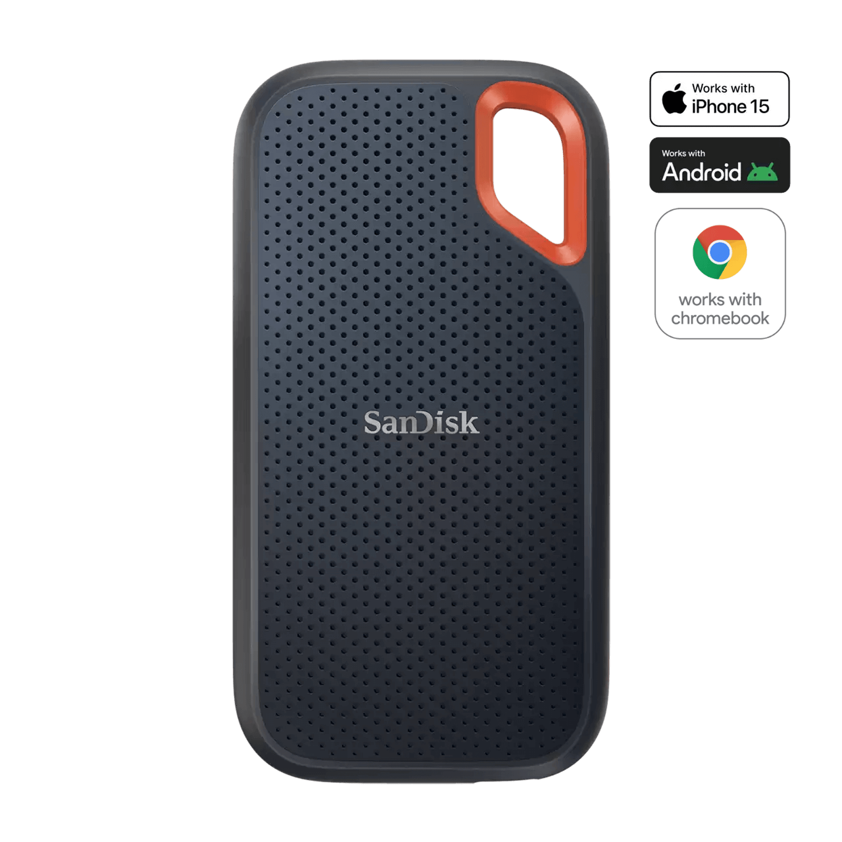 SanDisk Extreme Portable SSD with its carabiner loop, front view
